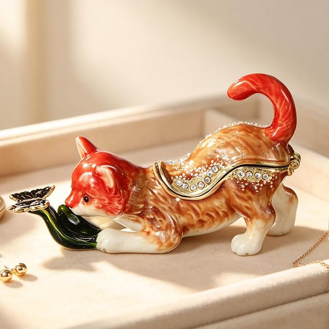 Hand Painted Trinket Box Pet Series Enamel Vintage Jewelry Box Hinged Metal Organizer Decorative Treasure Box
