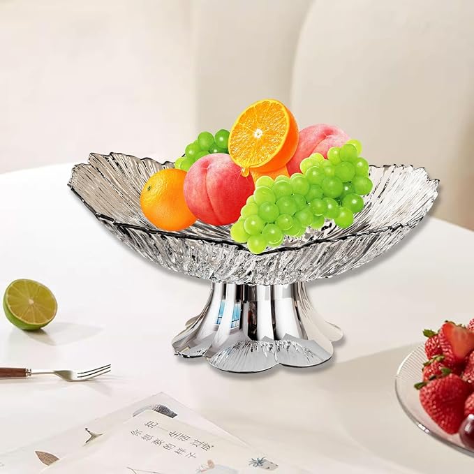 Pedestal Fruit Bowl, Snack Storage Holder, Fruit Tray, Dessert Display Stand, Decorative for Living Room Kitchen Home, E with Silver Base, White