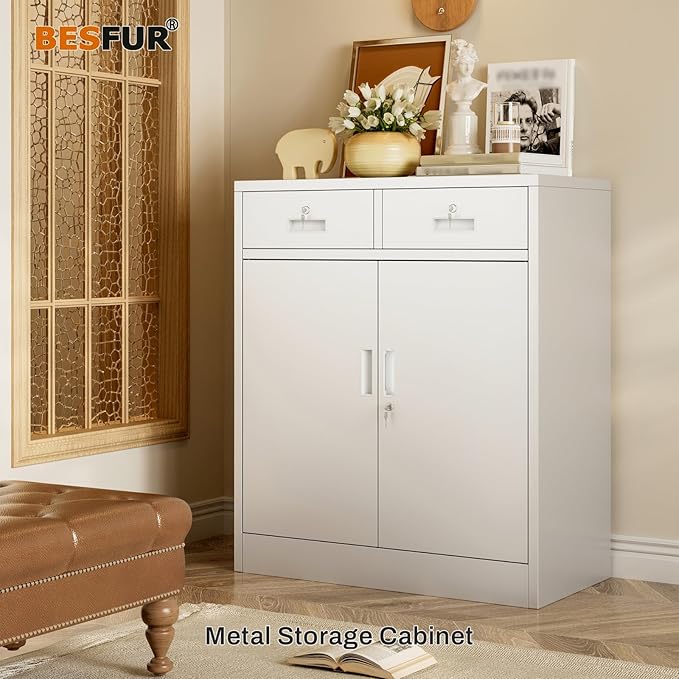 BESFUR Metal Garage Storage Cabinet with Two Lockable Drawers 2 Locking Doors and an Adjustable Shelf, 36" White Metal Short Storage Cabinet for Home Office, Garage,School,Utility Room
