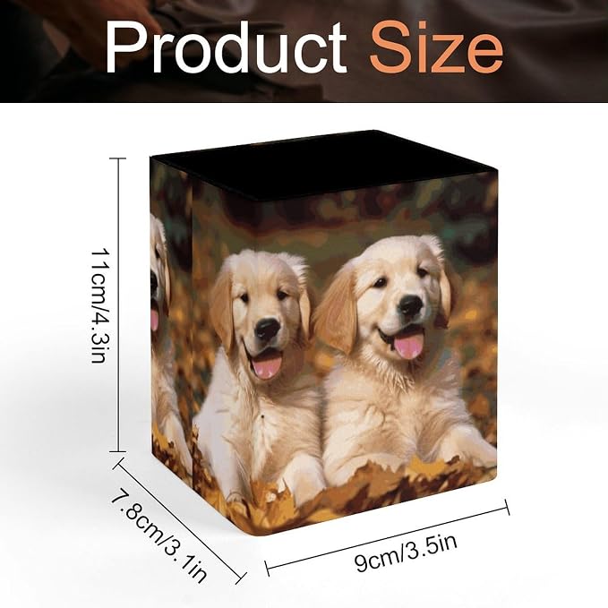 Golden Retriever Dogs Puppies Pets Square Leather Pen Holder Desk Organizer | Pencil Holder Makeup Brush Holder Storage Box for Office Home Supplies, Gift for Teacher Colleague 4.3*3*3.5 In