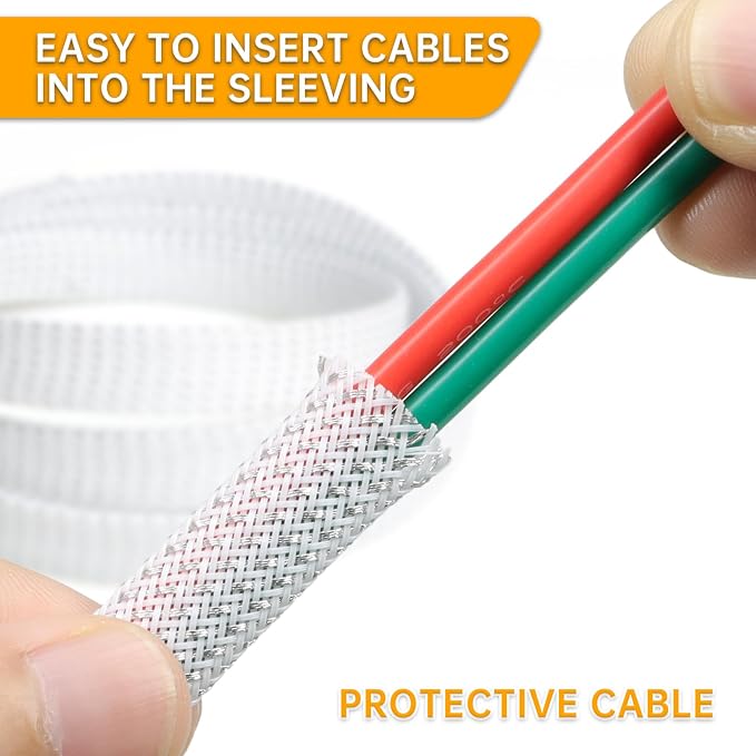 Braided Cable Sleeve 33ft, PET Expandable Wire Loom for Automotive Wiring Harness & PC Computer Case, Audio Video Cable Management System (White Silver, 8mm (5/16"))