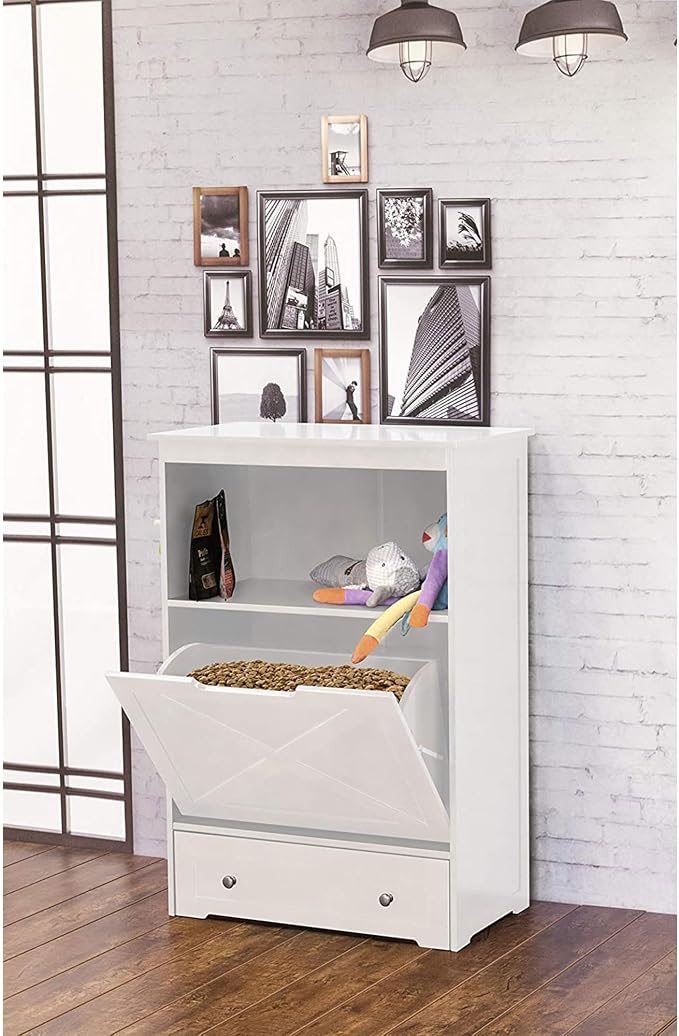 zoovilla Windsor Pet Feeders with storage - dog bowl stand, pet feeder station, White 13.78?D x 24.02?W x 35.04?H