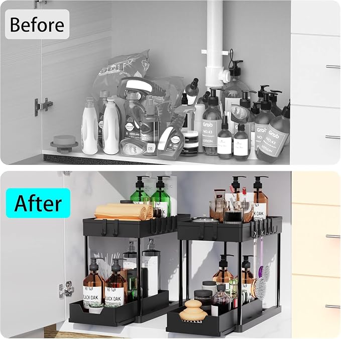 2 Pack black Under Sink Organizers and Storage, 2-Tier Sliding Cabinet Basket Organizer with Hooks, Multi-Purpose Under Sink Organizers and Storage for Bathroom Kitchen