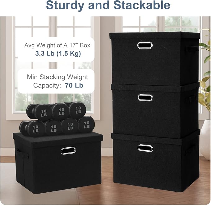 Graciadeco Large 17" 36 Quart Collapsible Stackable Storage Bins with Lids, 1 Pack Black Foldable Fabric Closet Storage Boxes with Lids, 4 Handles Heavy-duty Linen Cube Baskets for Bedroom | 36 Quart 1 Pack Black Collapsible Stackable Linen Fabric 4 Ha...