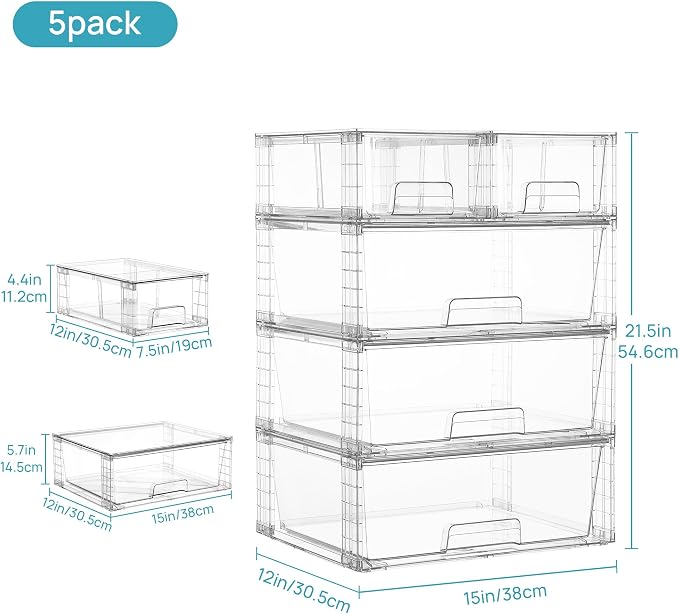 Vtopmart Clear Stackable Storage Drawers, 5 Pack Wide Storage Set | Wide and Small Pull-Out PET Drawers Designed for Large and Small Item Sorting, Cabinets, Closets, Pantry