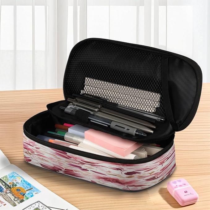 Pencil Case Large Capacity Pencil Bag Watercolor Pink Red Leaf Flower Pouch Box Organizer Pen Case, School Supplies for Teen Adult