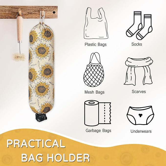 Plastic Bag Holder, Reusable Grocery Bag Holder for Plastic Bags Groceries Store, Flower Canvas Trash Plastic Bag Organizer Storage Holders for Home Kitchen Pantry Decor (Yellow Sunflower)