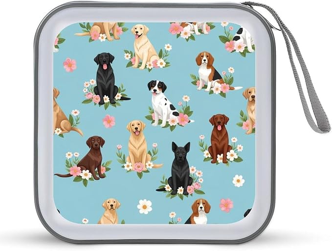 Protective 40-Capacity CD Organizer Australian Shepherd Dogs Flowers, Hard Case Storage Binder with Zipper, Portable Wallet for Car Home Office