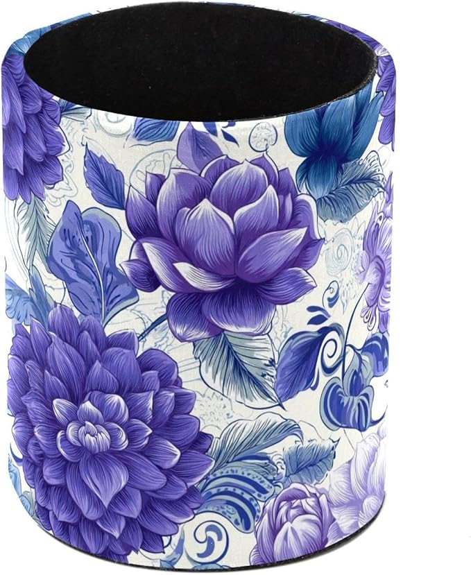 Faux Leather Pen Holder for Desk, Pencil Organizer Purple Flowers Pen Cup Desk Decor Makeup Brush Holder Storage for Office Home