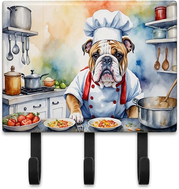 Caroline's Treasures English Bulldog The Chef Leash or Key Holder Wall Hooks, Key Hooks Holder, Coat Rack Wall Mount, Coat Hooks, Hooks for Hanging Keys, Towels, Aprons, Leashes | English Bulldog The Chef artwork on ceramic tile with three steel hooks ...