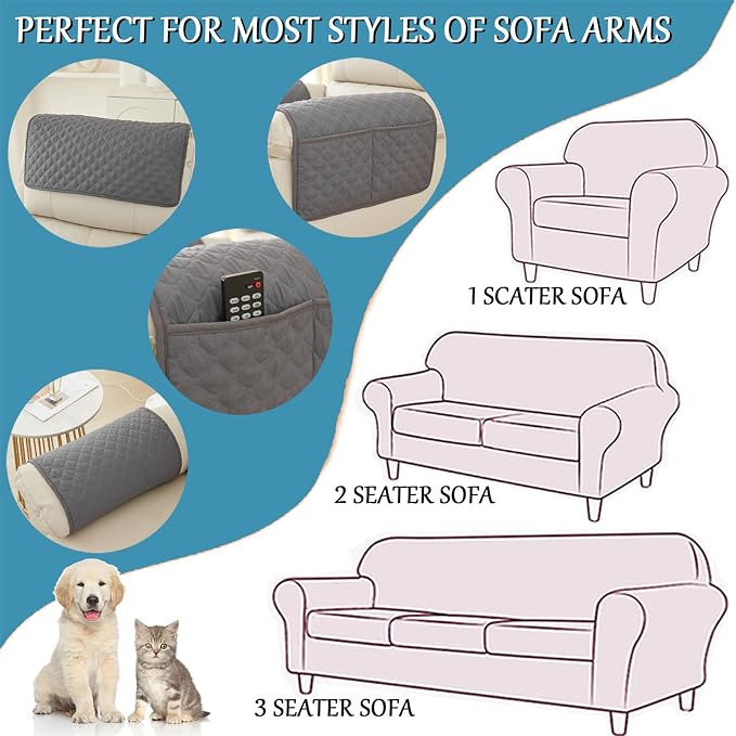 Water-Resistant Sofa Armrest and Headrest Covers, 2 Pockets | Quilted polyester helps shield recliners, loveseats and sofas from daily wear; silicone backing and fasteners improve grip