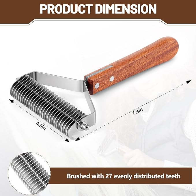 Abbylike Livestock Shedding Comb Grooming Dematting Brush Shedding Undercoat Rake for Cattle Horse Goat Cow Pets with 27 Stainless Steel Blades and Wood Handle