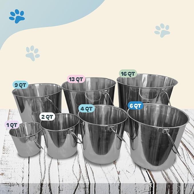 Heavy Stainless Steel Round Bucket, 4 Quart | Durable Food & Water Pail for Dogs, Cats, Kennels, Cages and Critter Crates | Multi-Purpose Bucket