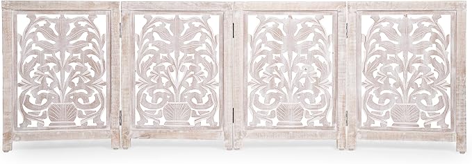 Lightnpro 4-Panel Carved Wooden Dog Gate with Stopper – 72 Inch Extra-Wide Foldable Freestanding Pet Barrier, White Wash Indoor Safety Fence for Small Dogs & Puppies – 24x18 Inch Panels