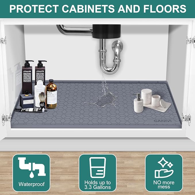 Under Sink Mat, 28"x22" Waterproof Tray for Cabinet, Holds 3 Gal | Silicone, Fits 36 inch Standard Cabinet,Leakproof & Easy Clean, Ideal for Kitchen & Laundry, Protects Shelf from Water Damage