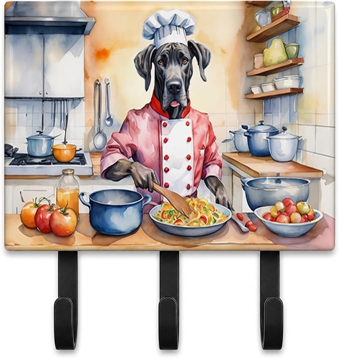 Caroline's Treasures Great Dane The Chef Leash or Key Holder Wall Hooks, Key Hooks Holder, Coat Rack Wall Mount, Coat Hooks, Hooks for Hanging Keys, Towels, Aprons, Leashes | Great Dane The Chef artwork on ceramic tile with three steel hooks for keys, ...