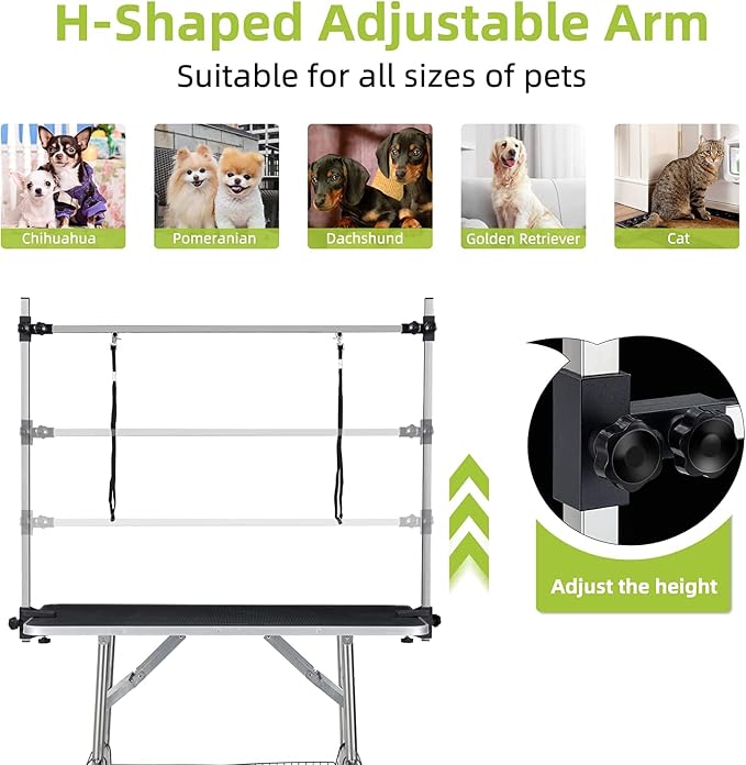 Pet Dog Grooming Table, Foldable Stainless Steel Pet Drying Grooming Table Up to 330lbs, Professional Bathing Desk for Dogs at Home with Adjustable Overhead Arms, Noose, Mesh Tray, 42''/Black