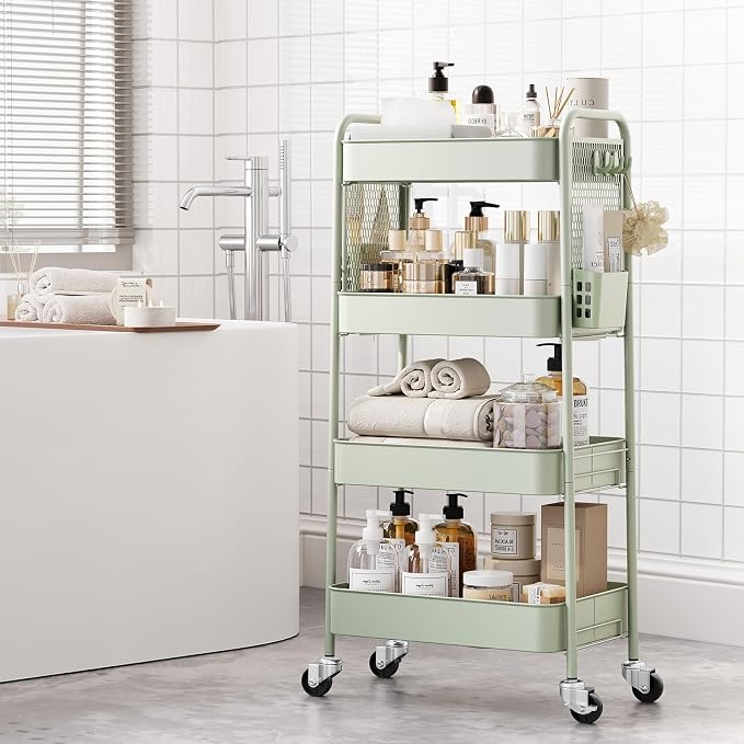 TOOLF 4 Tier Rolling Cart, Metal Utility Storage Cart with Pegboard, Green | 2 Bins & 4 Hooks, Screwless Assembly, Lockable Wheels, Trolley Organizer for Bathroom, Kitchen, Office, Dorm, Craft Room