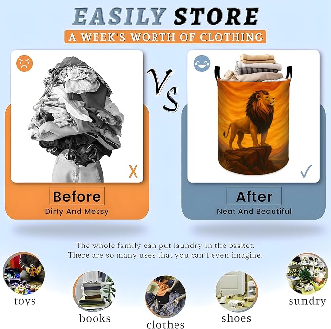 Majestic Lion Laundry Basket, Golden Mountain Rock Cliff Storage Hamper, Round Collapsible Waterproof Cloth Bin, 19.7x15.7 Inch Wildlife Art Clothes Organizer Gifts for Bathroom Decor