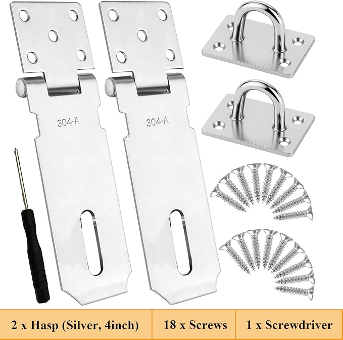 2 Pack Stainless Steel Padlock Hasp, 4 Inch Security Lock Latch, Heavy Duty Gate Staple for External Doors, Shed Door, Fence, Window, Cabinet, Pet Cage, Crate, Silver
