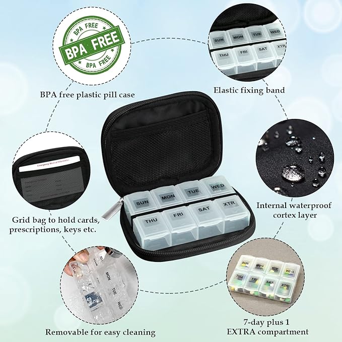 Serfeymi Weekly Travel Pill Organizer Pill Case for Purse with Removable 7 Day Pill Box, Fashionable Travel Medicine Organizer Pill Container for Medicine, Vitamin, Supplement - Black 03