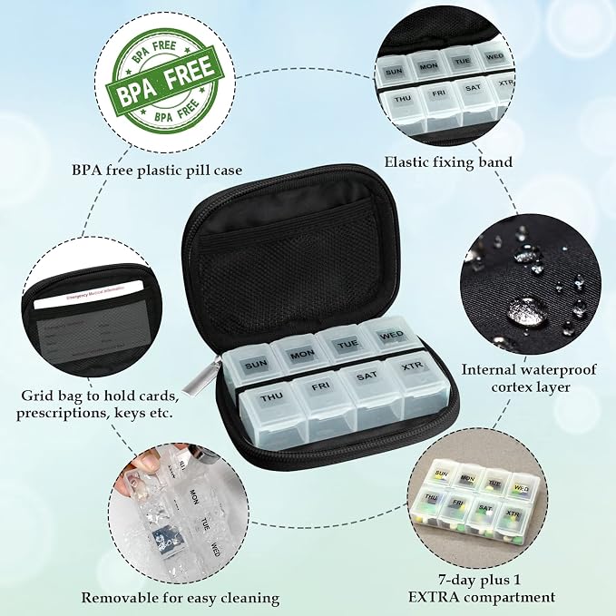 Serfeymi Weekly Travel Pill Organizer Pill Case for Purse with Removable 7 Day Pill Box, Fashionable Travel Medicine Organizer Pill Container for Medicine, Vitamin, Supplement - Black 02 + Pill Box