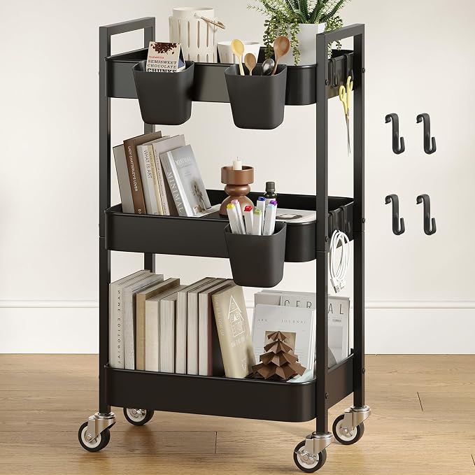 Nunsino 3 Tier Rolling Cart,Utility Cart with Locking Wheels, Hanging Cups & Hooks, Heavy Duty Metal Storage Organizer Cart for Kitchen,Office, Bathroom,Craft Room,Black
