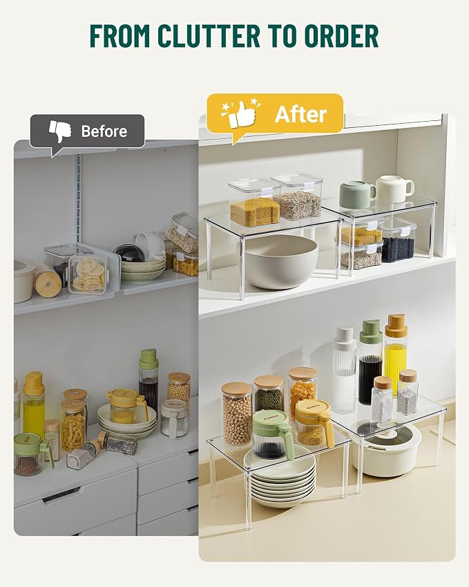 Acrylic Cabinet Organizer Set of 4, Stackable Spice Rack for Kitchen | Clear Shelf Organizer for Pantry, Cabinets, Countertops and Desks, Stackable Design Perfect for Spices and Small Items