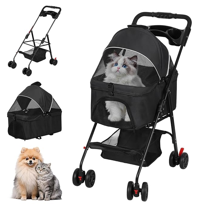 4 Wheel Foldable Pet Stroller – Removable Carrier for Dog Cat, Breathable Mesh Canopy, Storage & Cup Holder, Lightweight Pet Cart Holds 17.6 lbs for Walks Travel Black
