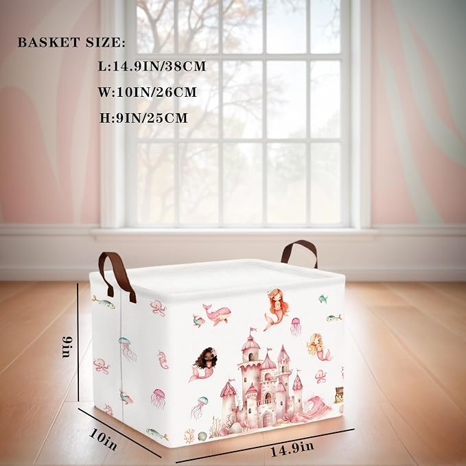 Cute Rectangle Baby Girl Gift Basket Toy Storage Bin Nursery Playroom Bedroom Decor (Pink Castle)