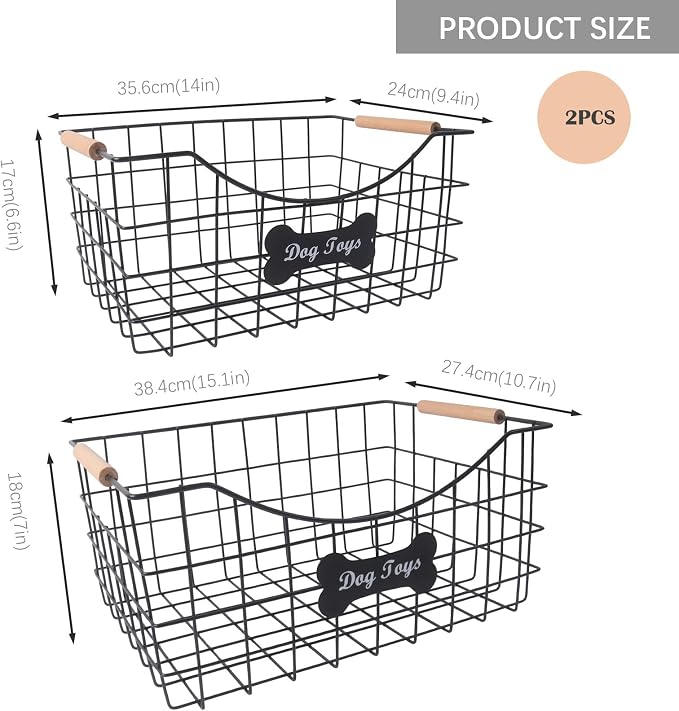 Metal Dog Toy Basket,Set of 2 Iron Wire Dog Toy Bin,Puppy Toy Box with Wooden Handle,Sturdy Dog Organizer Ideal for Leash,Blanket,Toys,Snacks,Accessories