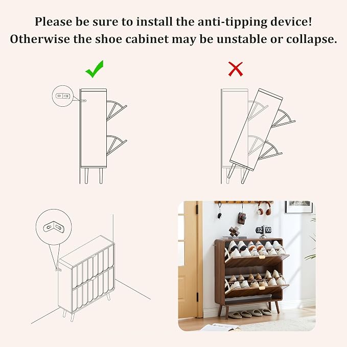 Shoe Storage Cabinet for Entryway with 2 Flip Drawers, Freestanding Narrow Wooden Shoe Cabinet with Wave Panel, Hidden Shoe Organizer for Foyer, Hallway (Walnut)