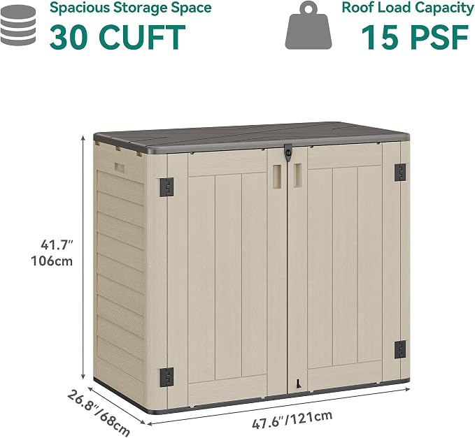 YITAHOME 30 CuFt Outdoor Storage Shed with Shelf, Horizontal Storage Cabinet for Garden Tool, Waterproof Outdoor Storage Shed for Garage, Resin Pool Storage, Easy to Assemble, Khaki & Brown