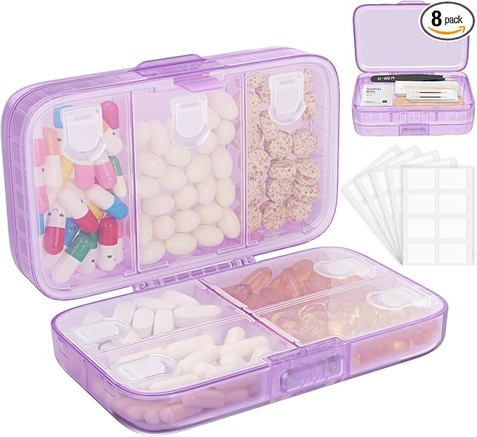FYY Travel Pill Organizer, Large Weekly Medicine Pill Organizer-Purple | Airtight Moistureproof Medicine Case, Easy to Use, 8 Compartment Pill Box for Vitamins, Fish Oil, Supplements, Mini First Aid