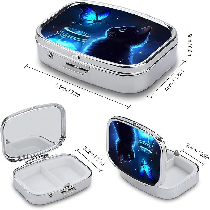 Black Cat Pattern Durable Metal Pill Case for Daily Use, 2 Slot Medicine Box Organizer,Leak Proof Travel Pill Container for Vitamins, Compact Pocket Medicine Holder for Seniors,Holiday Gift