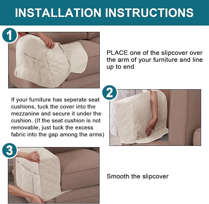 2 Pcs Waterproof Couch Arm Covers Dirty-Resistant Anti-Scratch Arm Rest Covers for Sofa with Side Pocket Anti-Slip Arm Chair Covers, Armrest Organizer(White)