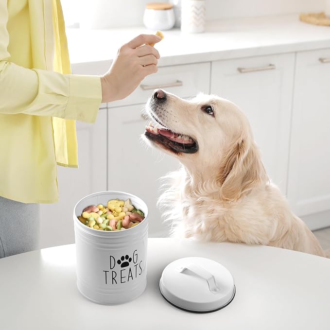 OUTNILI Small Dog Treat Container Airtight - 6" Tall X 4.9" Round White Dog Treat Jar for Kitchen Counter - Rustic Treat Storage Canister for Dogs, Cats, Small Animals - Gifts for Pet Owners
