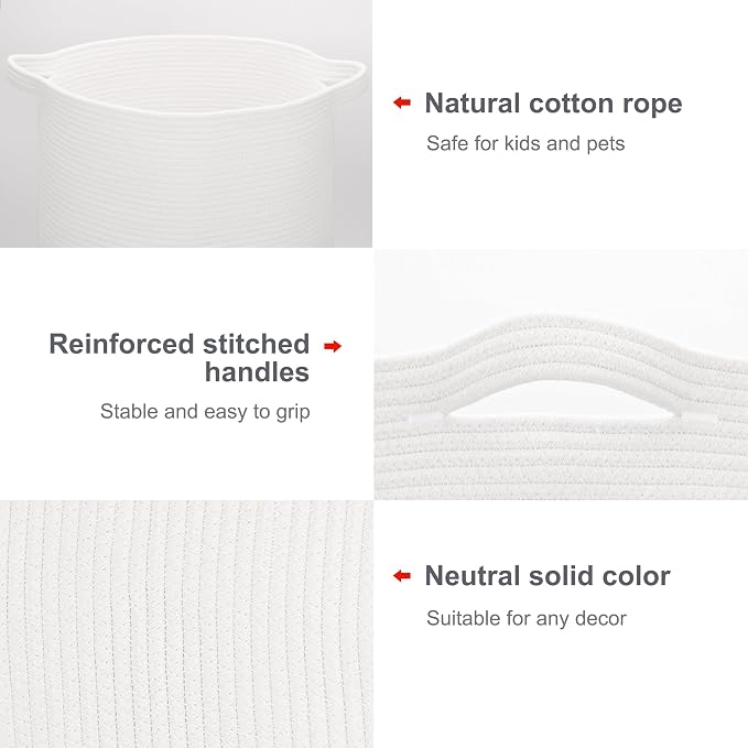 Cotton Rope Basket for Girls Boys, 72L Tall Laundry Hamper, White
