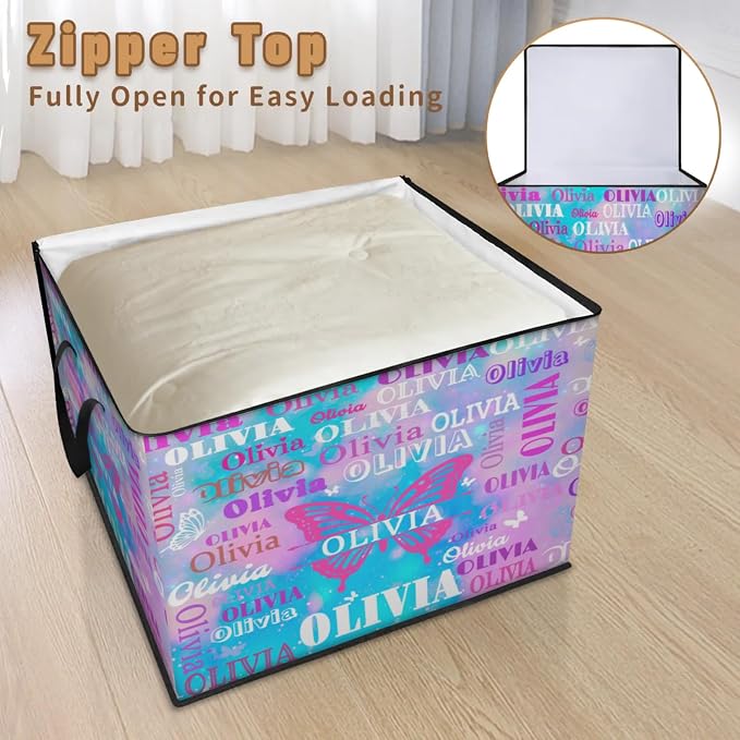 Custom Storage Baskets Cubes for Home with Name, Large Organizer Collapsible Storage Bins for Home Blanket Comforters Clothes Closet Nursery, Watercolor Pink Blue Galaxy with Butterflies