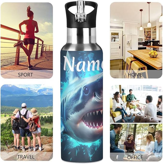 Custom Name Blue Shark Water Bottle with Straw Lid Kids Insulated Stainless Steel Water Flask Sports, 20 Oz Hot Cold