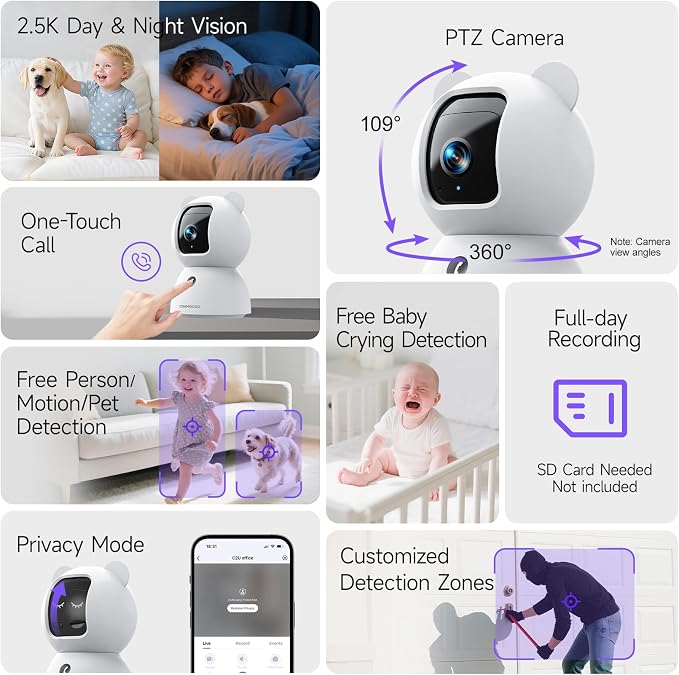 2.5K Pet Camera Indoor with Phone App, Dog/Cat Camera, 4MP Indoor Camera for Home Security, Baby Monitor with Free AI Person/Pet/Cry Detection, Pan Tilt 2.4GHz WiFi, Full Duplex 2-Way Audio