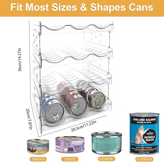 Cat Food Can Organizer 4-Tier Hold 72 Cans 3.5oz Transparent Cat Can Rack | Wet cat food storage rack suitable for kitchen cabinets and storage cabinet countertops,Suitable for multi size cans
