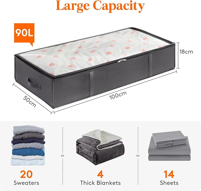 Lifewit 95L 2 Pack Under Bed Storage Containers, Large Capacity Blanket Storage Bags with Reinforced Handle, Organization and Storage for Comforters, Sheets, Clothes, Bedroom, College Dorm, Grey