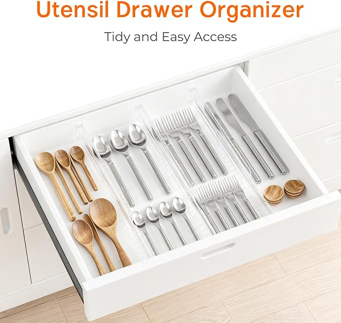 8 Pack 2.36" High Shallow Drawer Dividers, 12.5"-21.3" Expandable | Adjustable Kitchen Drawer Organizer, Clear Plastic Separator for Utensils, Flatware, Cutlery, Socks & Underwear Storage