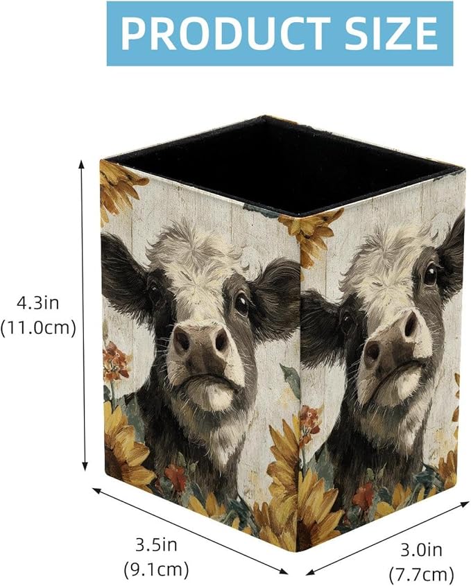 Retro Cow Pen Holder for Desk Decor, Rectangular PVC Leather Pencil Cup for Desk Pen Organizer, Makeup Brush Holder for School, Home, Office