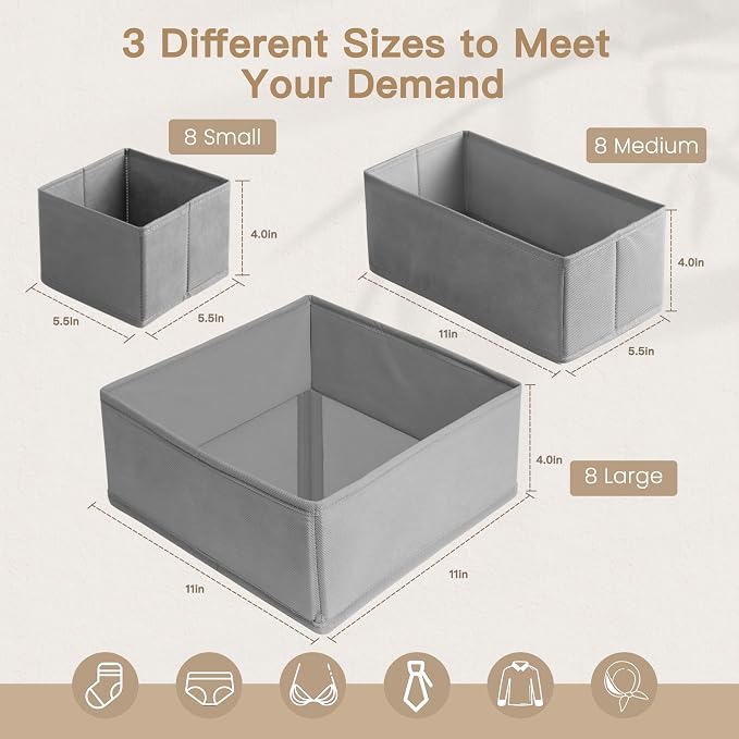 Drawer Organizer Clothes, 24 Pack Dresser Organizer for Baby Clothes, Underwear, Sock- Foldable Closet Organization and Storage Dividers Bins for Nursery, Bedroom and Dorm (Grey)