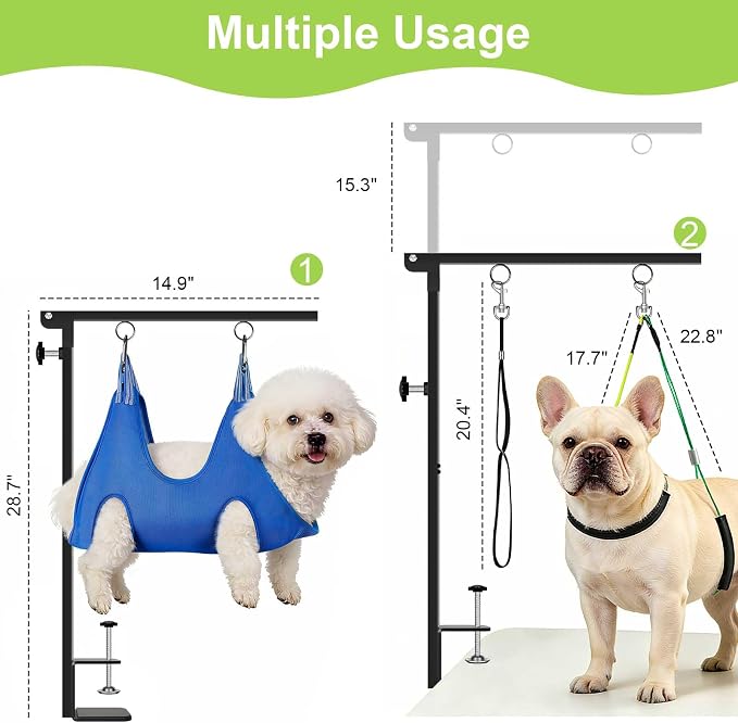 Dog Grooming Table Arm with Hammock, Adjustable Height 26"-40" Heavy Duty Grooming Arm for Dogs, No-Sit Haunch Holders & Loop Noose for Small Medium Dogs at Home or Salon