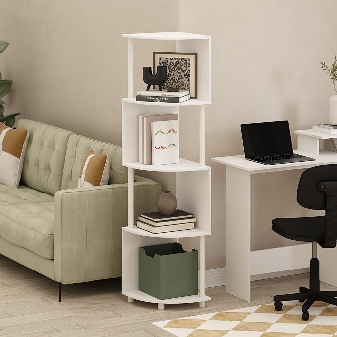 Furinno ECON Corner Shelf, 4-Tier Corner Book Shelf, Zigzag Storage Shelves, Display Rack, Bookshelf, for Organization and Storage, Living Room, Home Office, White