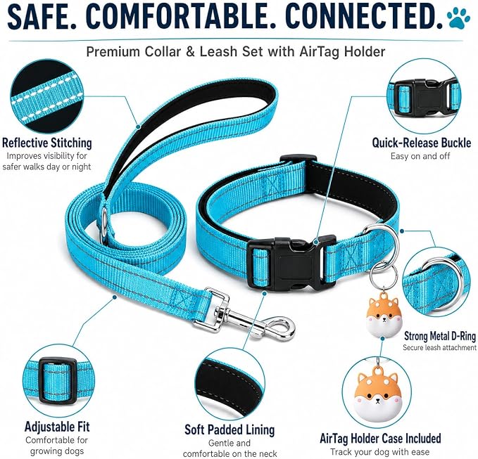 Reflective Soft Neoprene Padded Matching Dog Collar with Leash Airtag Holder Case Set Safety Breathable Adjustable Nylon Dog Collars for X-Small Small Medium Large Dogs-Sky Blue-S