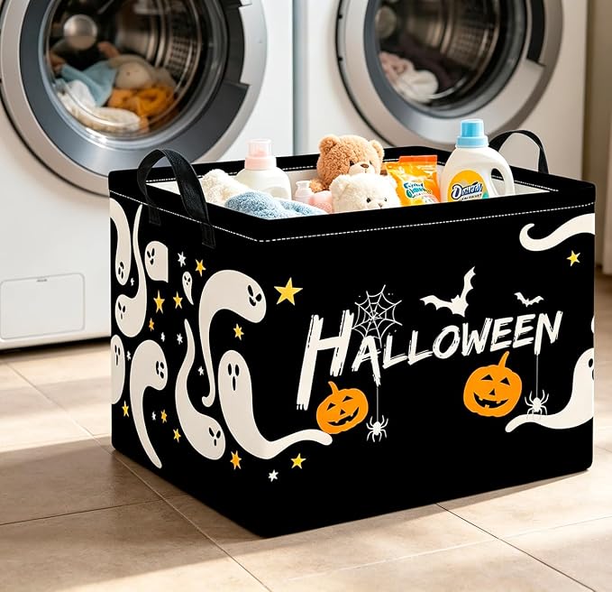 CLOCOR Rectangular Storage Basket,Collapsible Cute Pattern Storage Bin,Waterproof Books Box with Handles,Gift Basket(Serpentine Ghost Halloween)